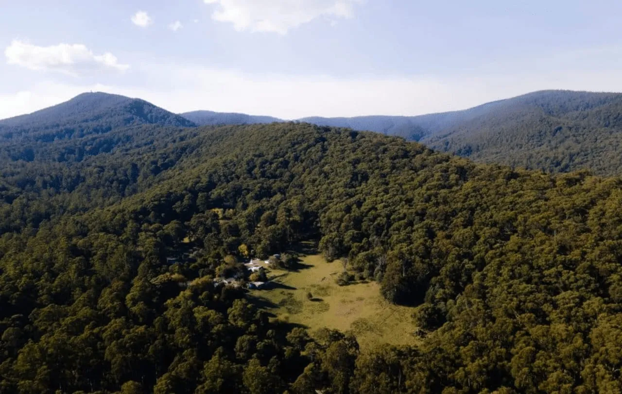 Aerial view of forested hills around Maitripa Centre, with the retreat buildings beside a clearing