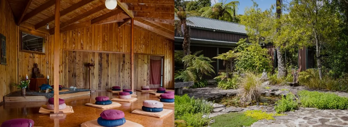 The meditation hall at Te Moata with cushions laid out, beside the centre’s native garden
